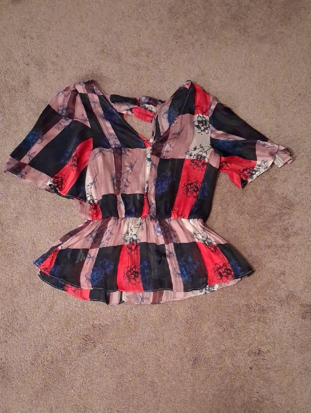 BCBGeneration Striped Floral Peplum Blouse in Red, Navy & Blush